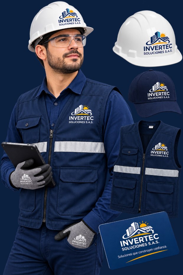 Uniforme, casco, gorra, chaleco y tarjeta con la identidad de INVERTEC